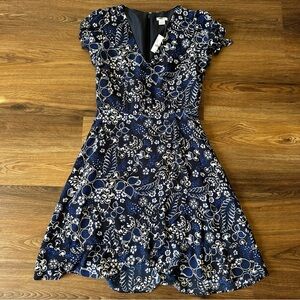 J Crew Womens Floral Faux Wrap Fit and Flare Mini Dress V-Neck Blue Size 00 NEW